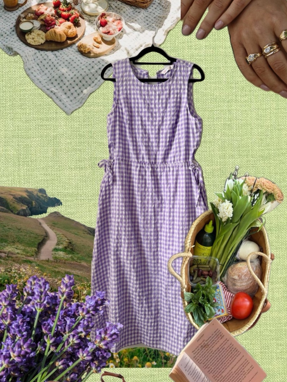 Purple Gingham Tie-Waist Midi Dress